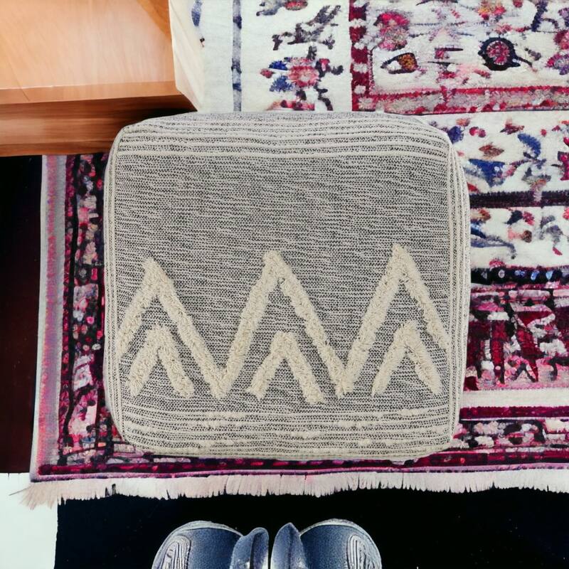 16" Modern Grey Pouf Ottoman with Abstract Pattern and Upholstered Floor Seat Footrest and Decor