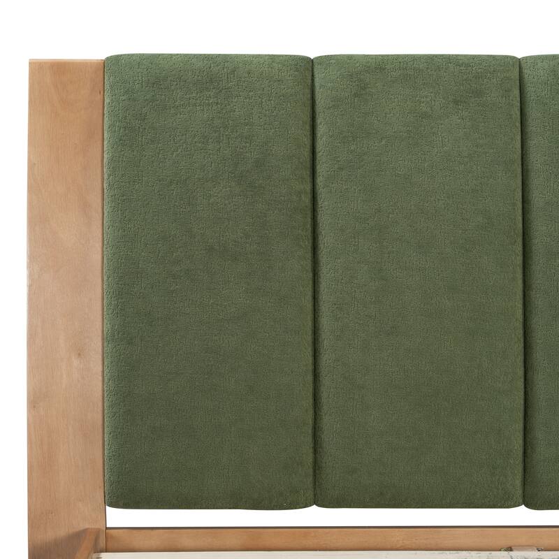 King Size Pine Wood Bed Frame with Headboard, Mid Century Modern Design, Natural & Green Finish