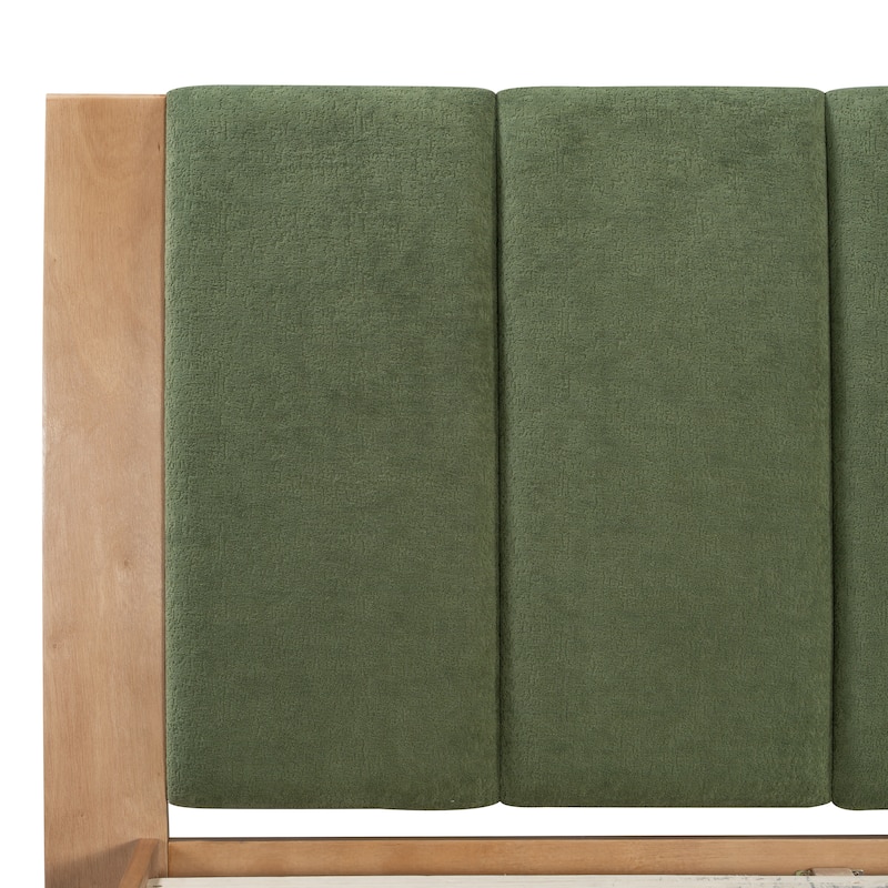 Pine Wood Bed Frame Mid Century Modern Platform Bed with Green Upholstered Headboard, Wood Slat Support Low Profile Wingback Bed