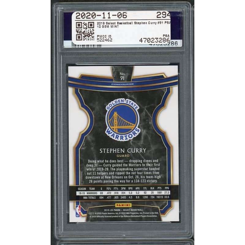 Stephen Curry 2019 Panini Select Basketball Card #91 Graded PSA 10 GEM MINT - 8'6" x 11'6"