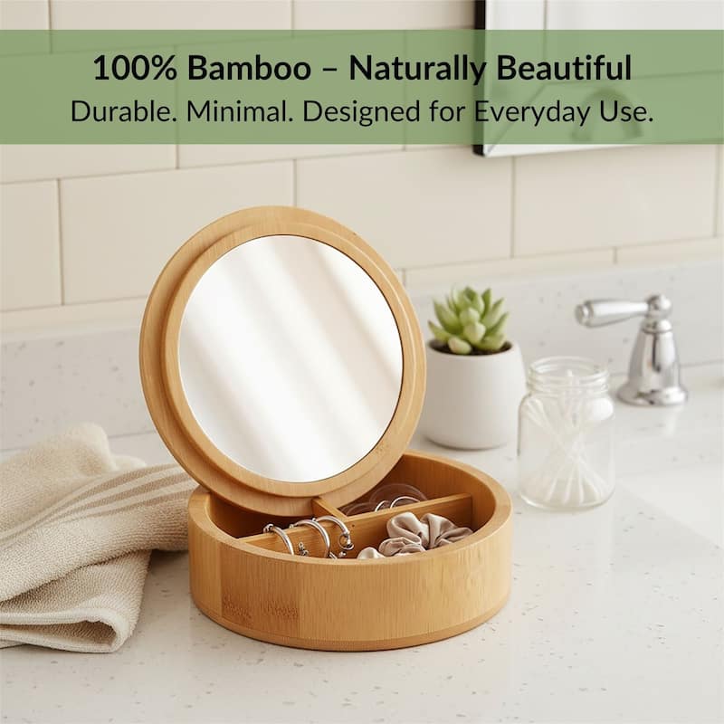 Round Bamboo Box with Mirror Lid - Natural - 5.25 L x 5.25 W x 1.5 H