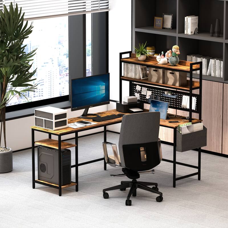 L Shaped Office Desk, Reversible Corner Computer Desk with Power Outlet and LED Light, Gaming Desk with Storage Shelf