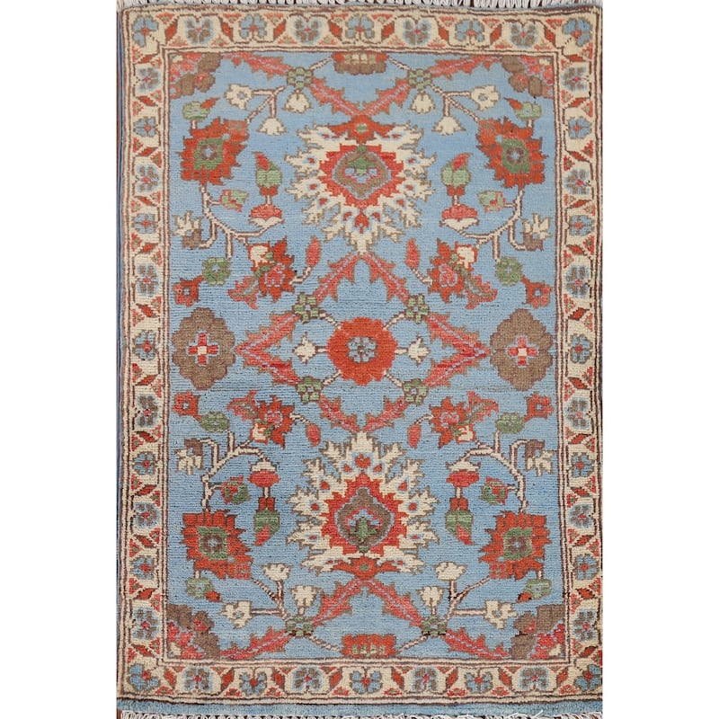 Light Blue Kazak Oriental Foyer Rug Hand-Knotted Floral Wool Carpet - 2'0" x 2'11"