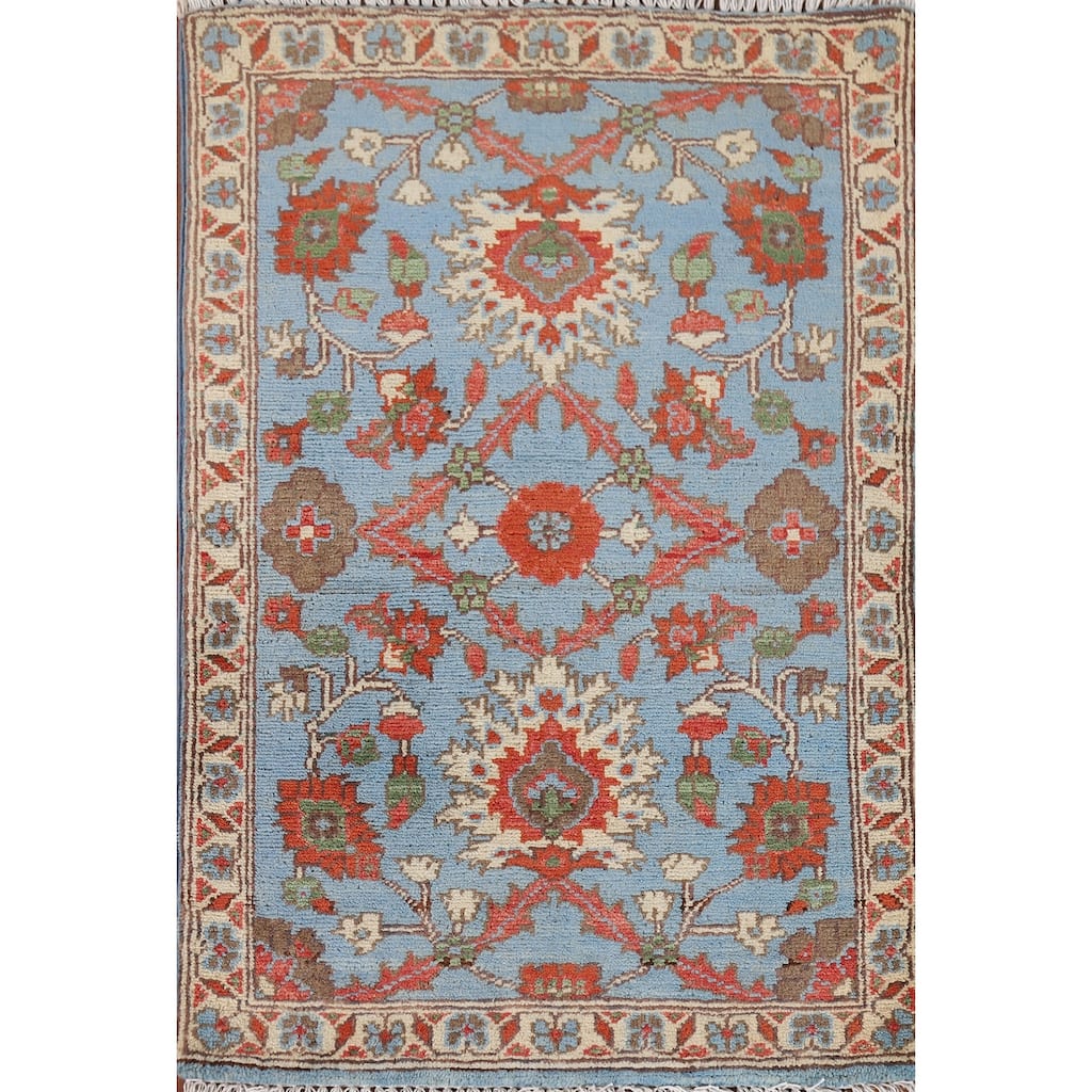 Light Blue Kazak Oriental Foyer Rug Hand-Knotted Floral Wool Carpet - 2'0" x 2'11"