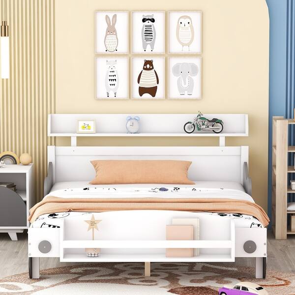 slide 2 of 22, Nordic Full Size Car-Shaped Platform Bed w/ Storage Shelf Creative Upholstered Bed Frame No Box Spring Required, Space-Saving White