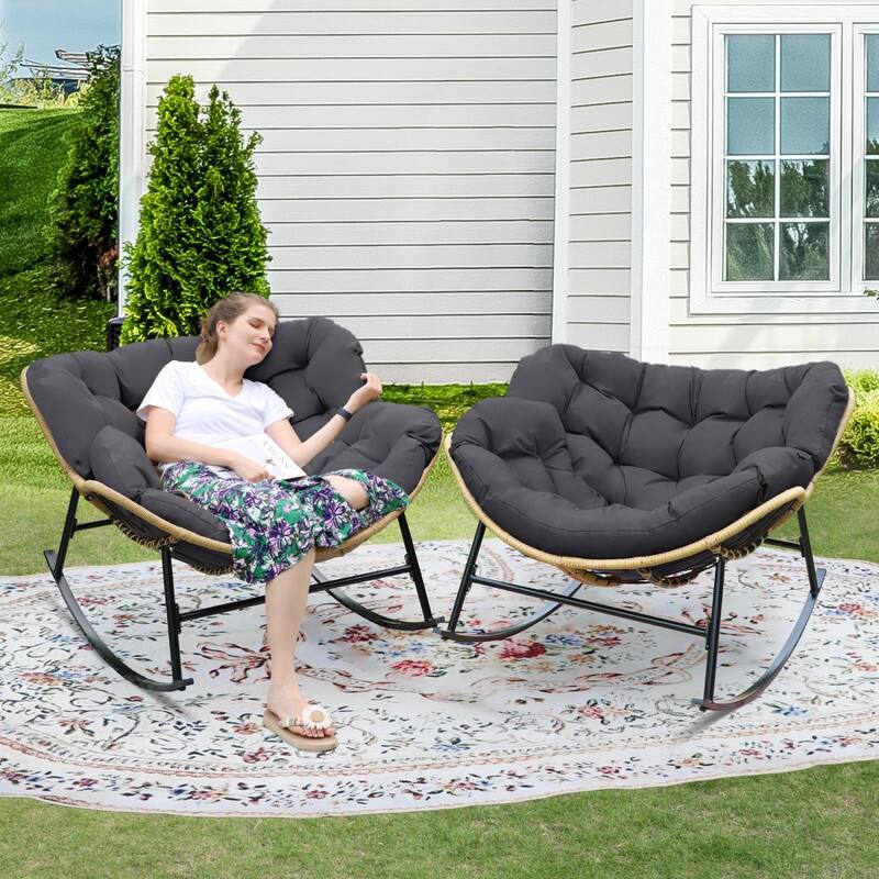 FINCATI Indoor Outdoor Royal Papasan Rocking Chair, 450 lbs Capacity Outdoor Papasan Rocking Chair with Padded Cushion