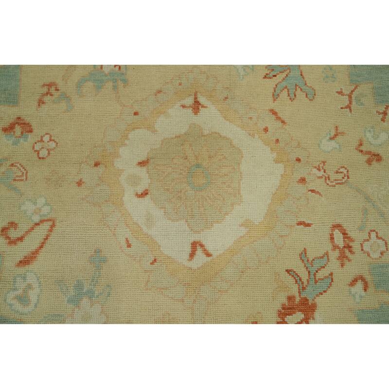 Vegetable Dye Wool Oushak Turkish Area Rug, Floral Geometric Carpet - 11' 11'' X 9' 0''