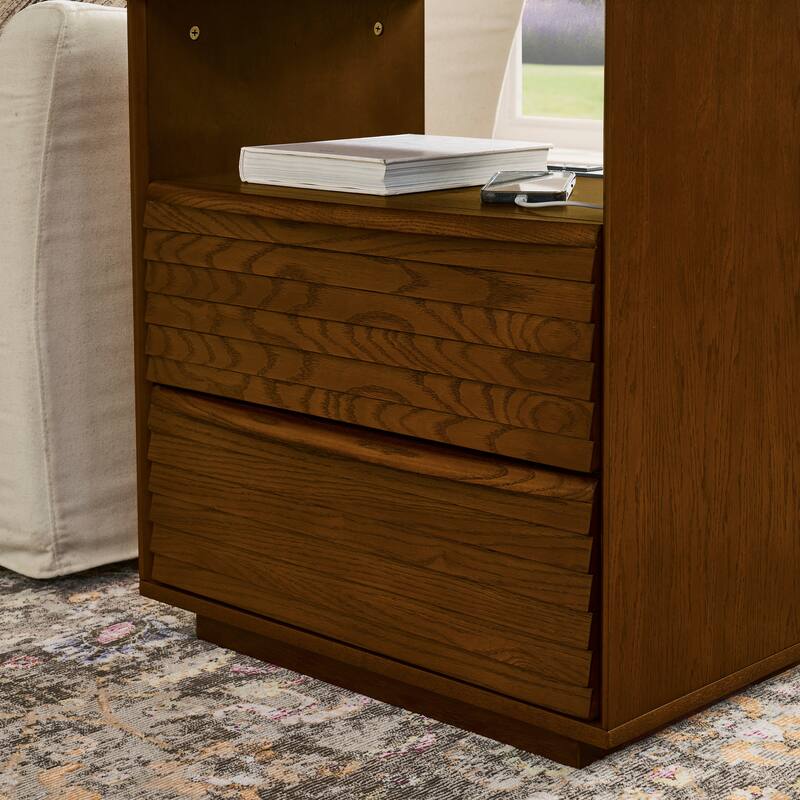 Mid-Century Modern Nightstand with Charging Station & Outlet Hole & 2 Solid Wood Drawers