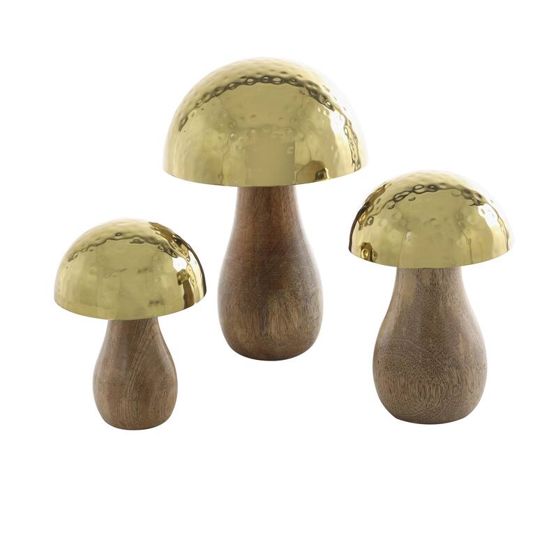 Stainless Steel Metal Mushroom Handmade Hammered Decorative Sculpture - Set of 3 Gold or Silver - Roche River Decor - Gold - 9", 7", 6"H
