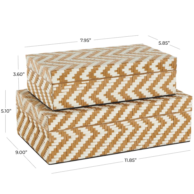 Brown Paper Handmade Woven Zig Zag Storage Geometric Decorative Box with Cream Accents (Set of 2)