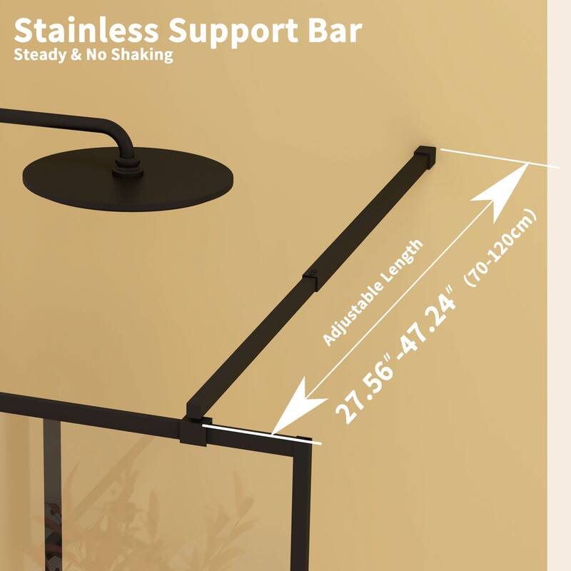 GDFStudio - Emerson Frameless Style Shower Screen with Silk-Printed Tempered Glass and Support Bar - 34" Width x 72"Height