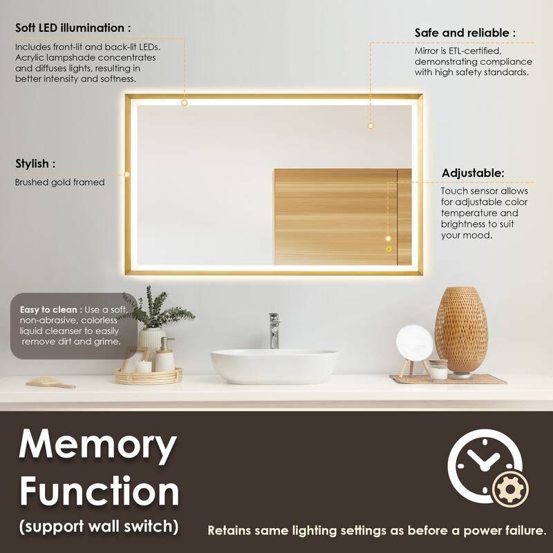 Apollo Rectangular Anti-Fog Dimmable Modern Bathroom/Vanity LED Lighted Wall Mirror in Brushed Gold Aluminum Framed