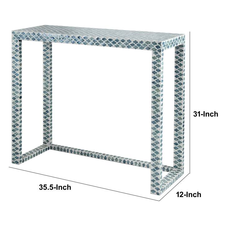 36 Inch Accent Console Table, Capiz Shell Inlay, Rectangular, Blue