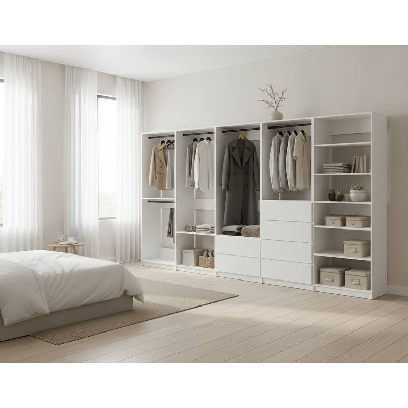 Prosper White Freestanding Walk in Wood Closet System - 157"W x 15.7"D x 83" H