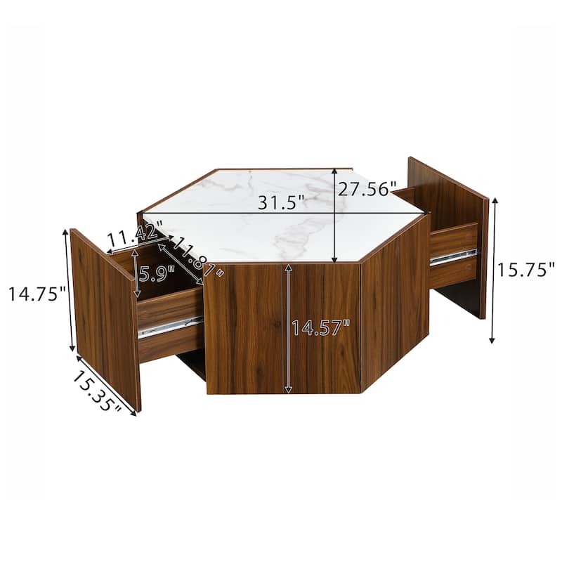 Hexagonal Coffee Table with 2 Hidden Drawers and Textured Marble Tops
