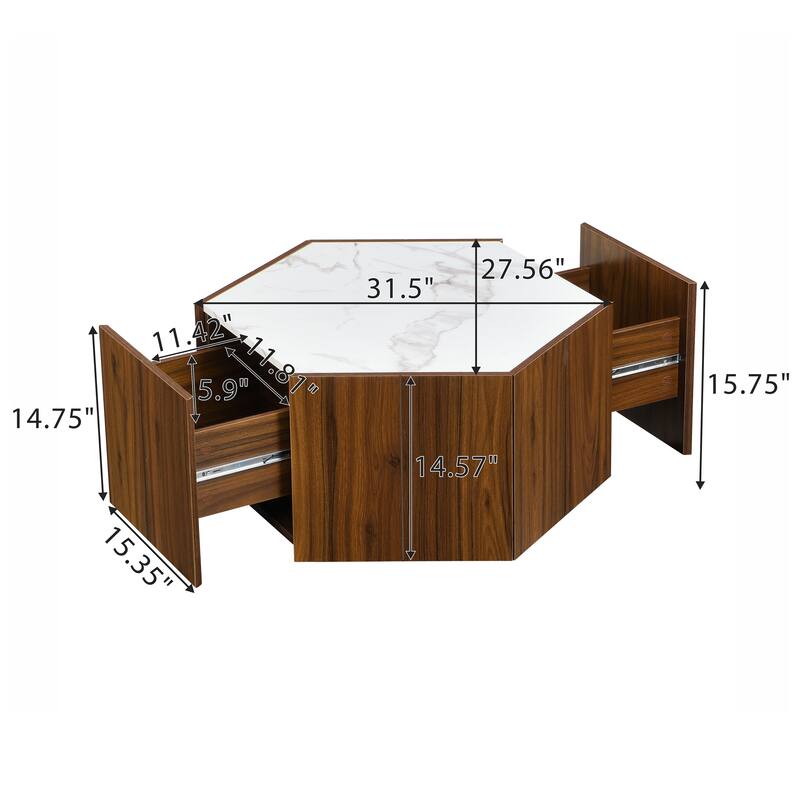 Hexagonal Rustic Coffee Table with Textured Marble Top, 2 Hidden Drawers, Light Brown Oak Finish, MDF