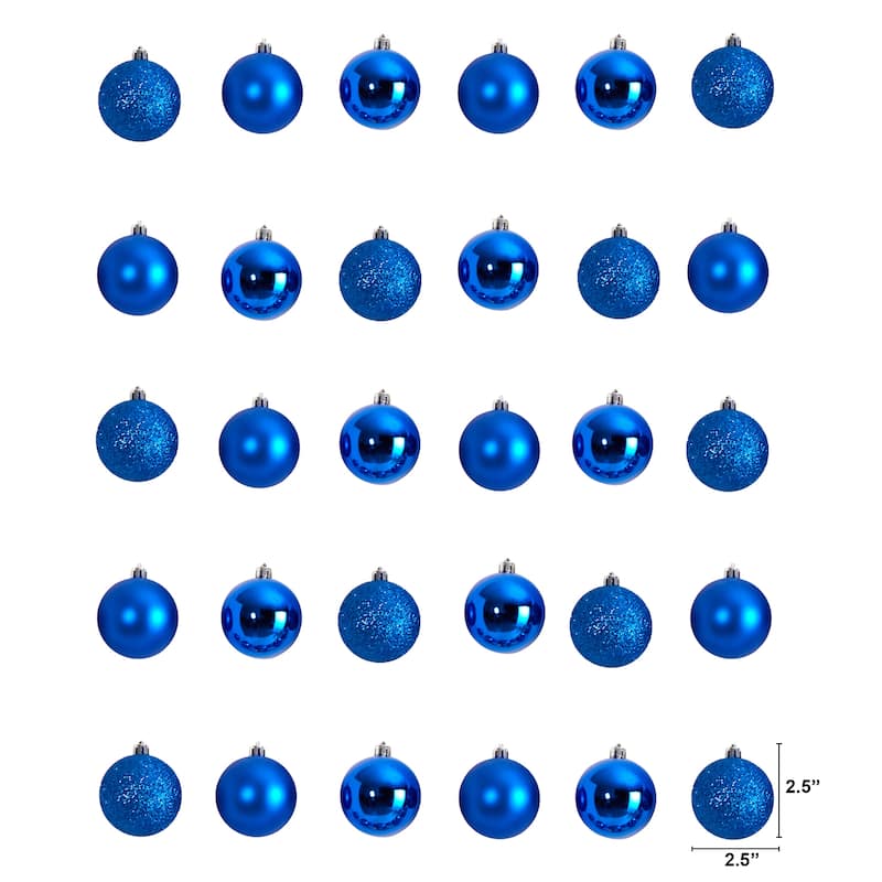 Shatterproof 3-Finish Christmas Ball Ornaments - 2.5" (60mm) - Blue - 30ct
