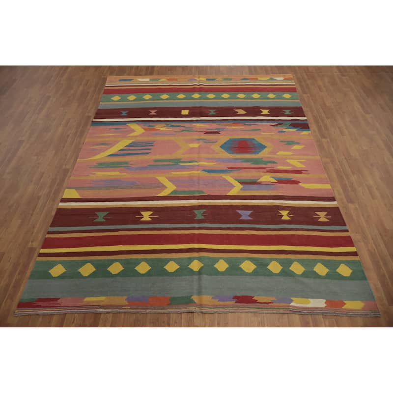Hand Woven Oriental 100% Wool Carpet Southwestern Tribal Multi-Colored Kilim Area Rug - 11' 10'' X 8' 8''