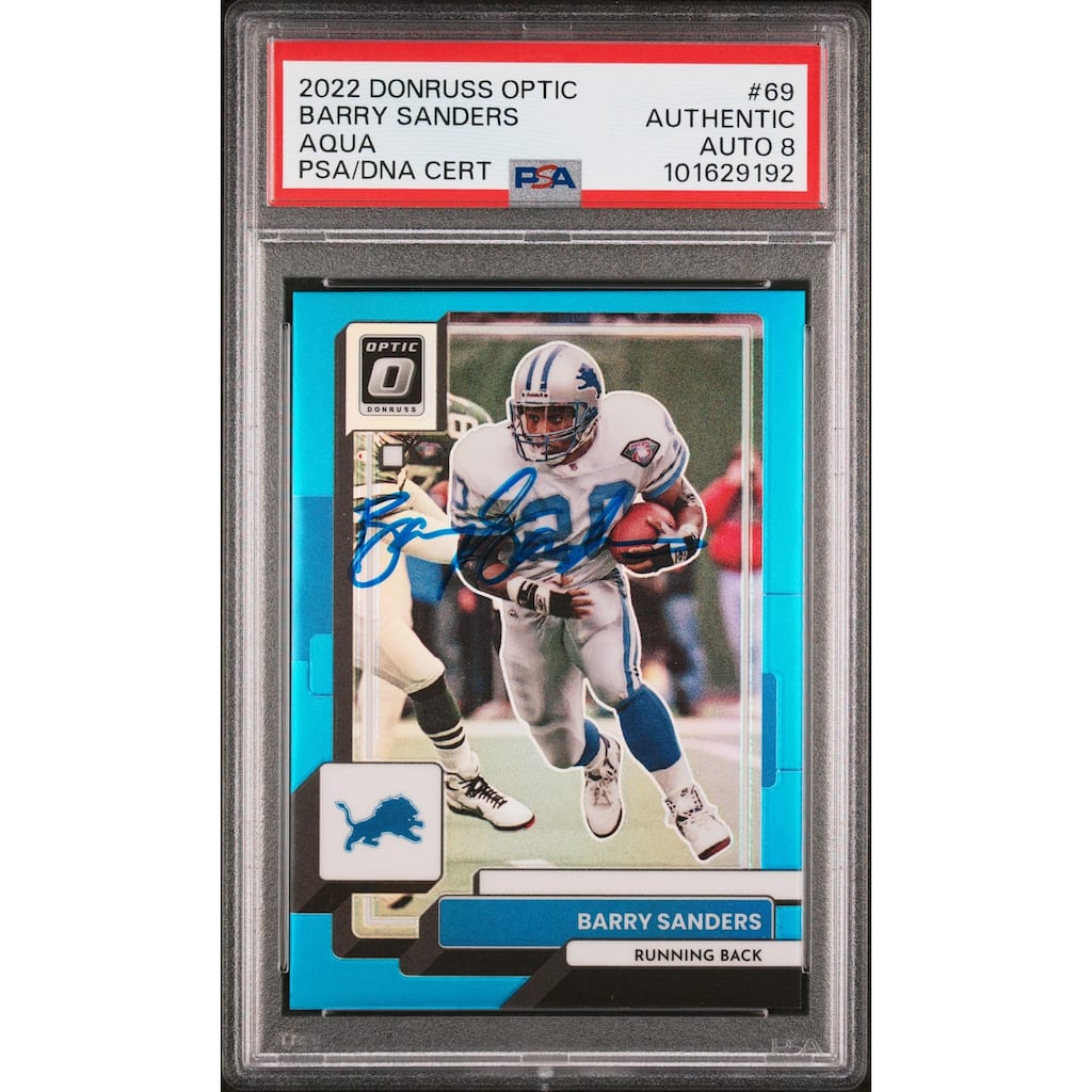 Barry Sanders 2022 Panini Donruss Optic Aqua Blue Card #69 Auto PSA 8 113/299 - 8' x 11'