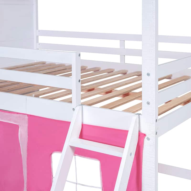 Twin/Full Size Wooden Floor Bunk Bed, Solid Pinewood House Shaped Bunk Bed Frame with Elegant Windows, Sills, Tent and Roof