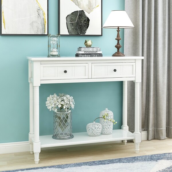 Traditional White Console Table with Two Drawers and Bottom Shelf