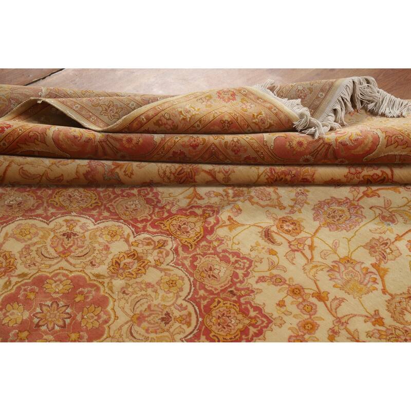 Hand Knotted Oriental 100% Wool Carpet Traditional Floral Beige & Ivories Tabriz Area Rug - 11' 0'' X 8' 4''