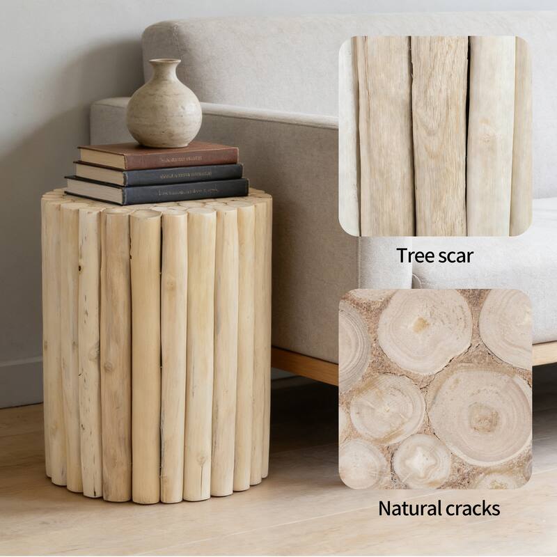 Handcrafted Round Teak Wood Log Coffee Table Accent Side Table