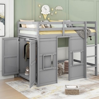 Gray Twin Size Pine Wood Loft Bed with Built-in Wardrobe, 2 Windows, and Guardrails