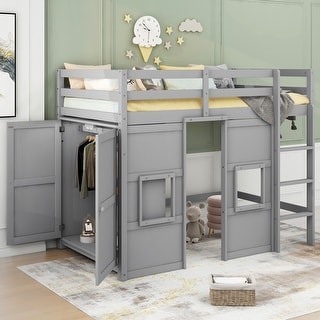 Wood Twin Size Loft Bed with Built-in Storage Wardrobe and 2 Windows ...