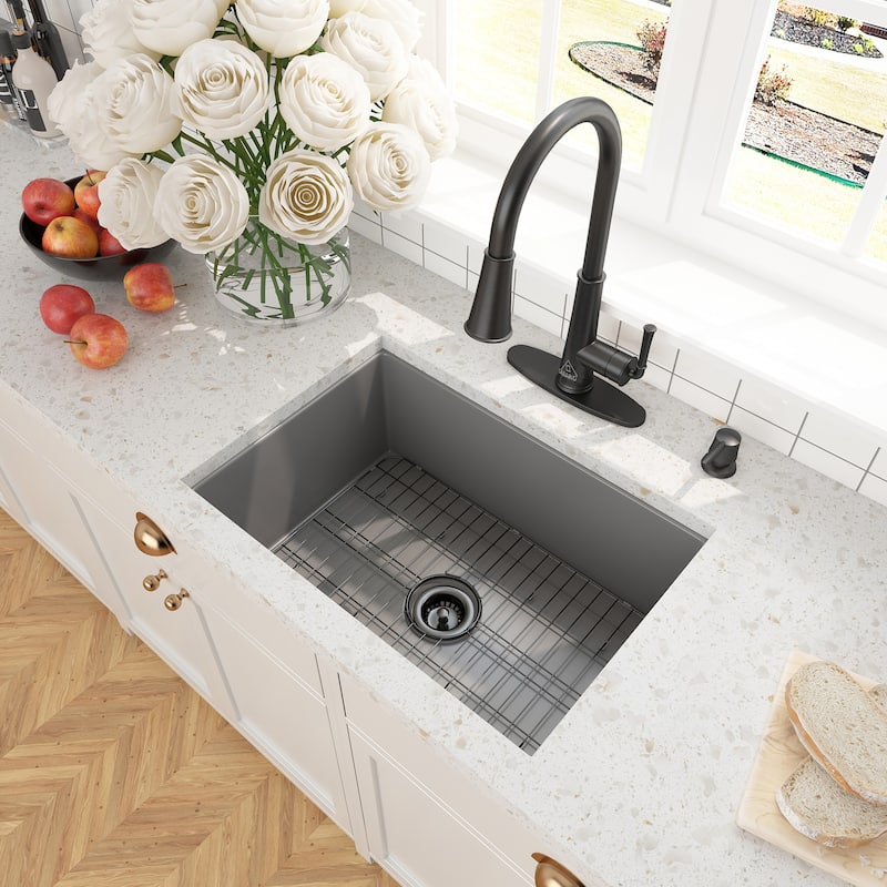 CASAINC Undermount Single Bowl Fireclay Kitchen Sink with Bottom Grid and Strainer, cUPC Certified