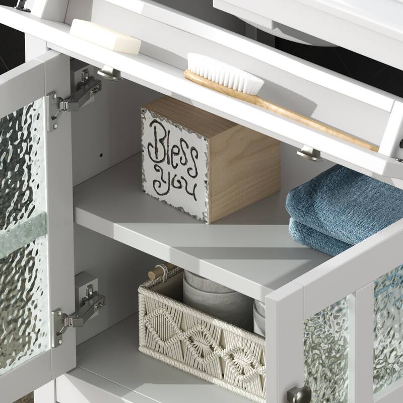 30" Storage Cabinet with Glass Doors, Bathroom Vanity with Ceramic Sink, Adjustable Shelf, Tip-Out Tray and Silver Metal Knobs