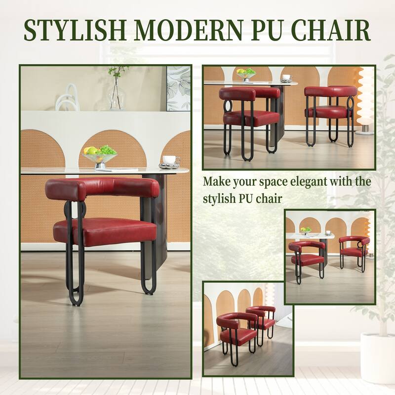 Wine Red PU Upholstered Accent Chair Dining Chair Barrel Side Chairs Kitchen Armchair for Living Room Dressing Room Set of 4