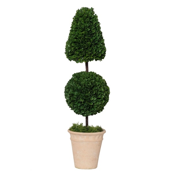 24" Green and White Small Size Potted Cone and Ball Faux Boxwood Topiary - N/A