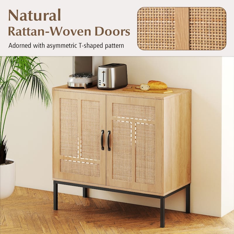 Gymax Rattan Storage Cabinet w/ 2-Door Buffet Sideboard & 3-Position