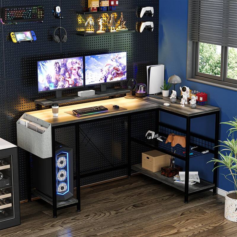 L Shaped Computer Desk with Power Outlets & LED Light