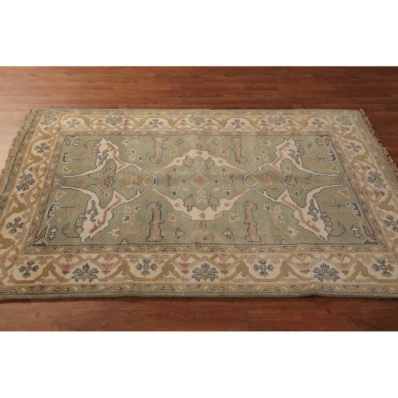 Light Green Oushak Oriental Rug Hand-Knotted Wool Carpet - 4'2"x 5'11"