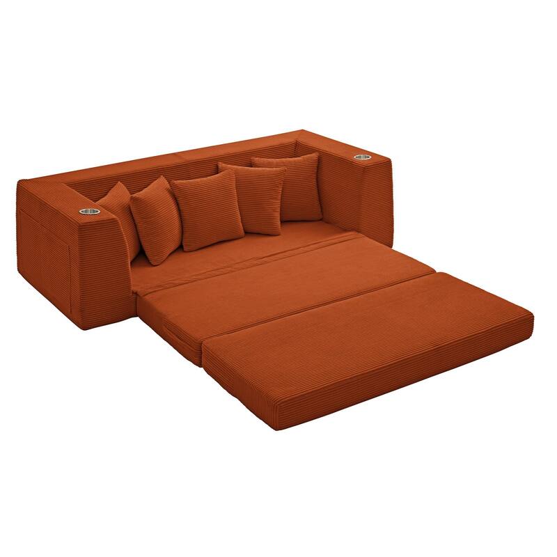 Modern Convertible Loveseat Sofa Bed, Corduroy Fabric Foldable Floor Couch w/5 Pillows, Side Pockets & Cup Holders, No Assembly