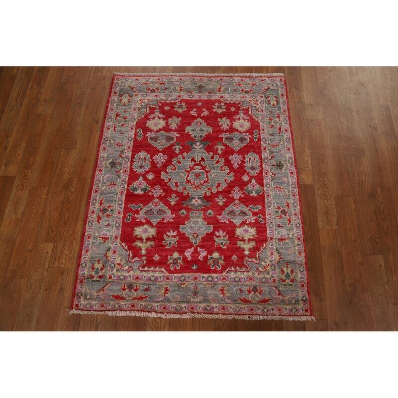 Red Geometric Oushak Turkish Oriental Rug Hand-knotted Wool Carpet - 3'0" x 3'9"