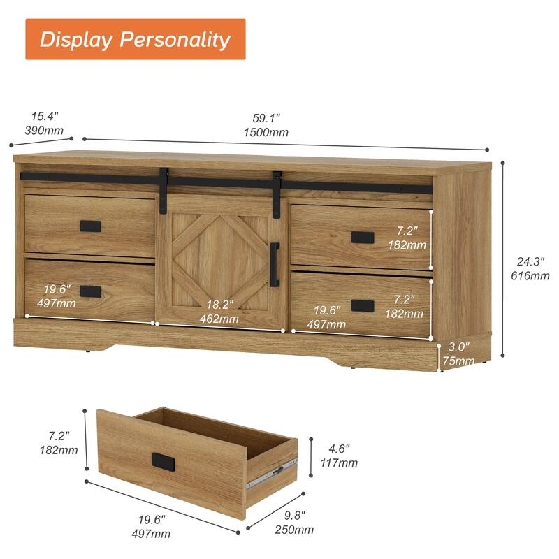 WAMPAT Farmhouse TV Stand with Sliding Barn Door for Living Room