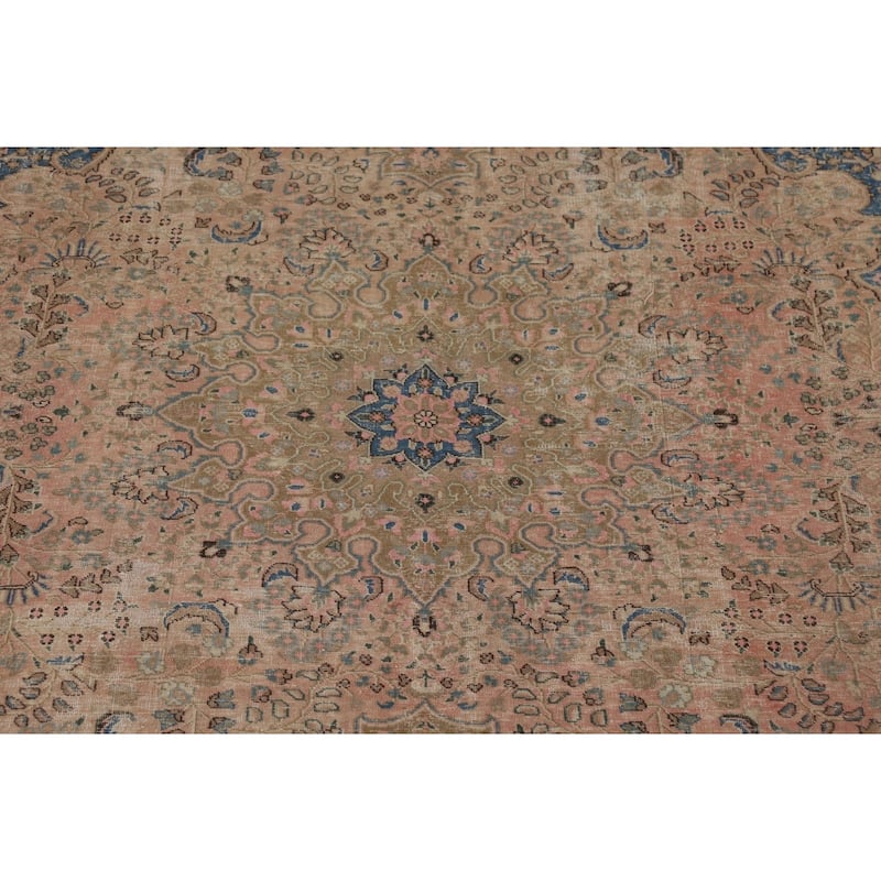 Distressed Pink Mashad Persian Antique Rug Hand-Knotted Wool Carpet - 9'8" x 12'5"