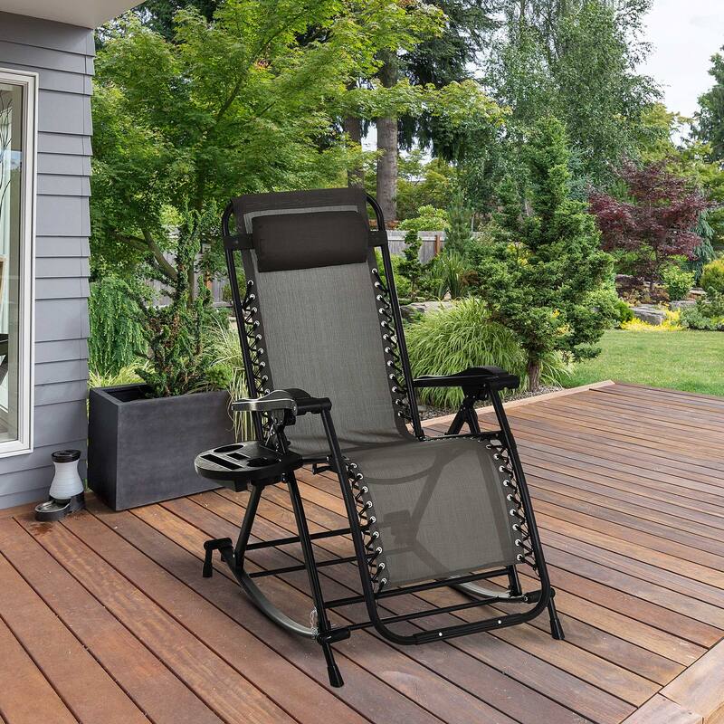 Outdoor Rocking Chairs, Foldable Reclining Anti Gravity Lounge Rocker w/ Pillow, Cup & Phone Holder, Combo Design