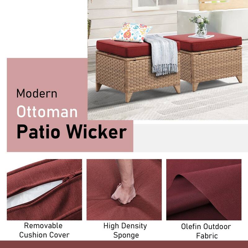 Outdoor Patio Footstool Ottomans with Cushion Yellow-Red - Yellow