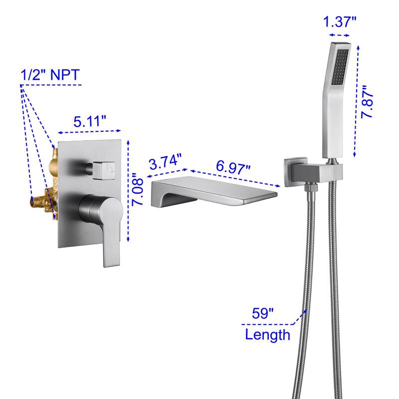 Wall Mounted Tub Faucet With Hand Shower Waterfall Bathtub Faucets Single Handle Tub Filler Set