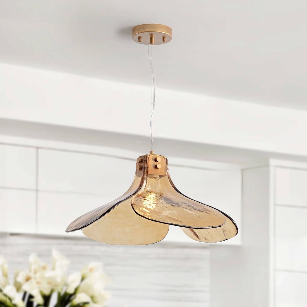 Mavis Single Light Four-leaf Amber Glass Pendant Light Chandelier. - Brushed Brass.
