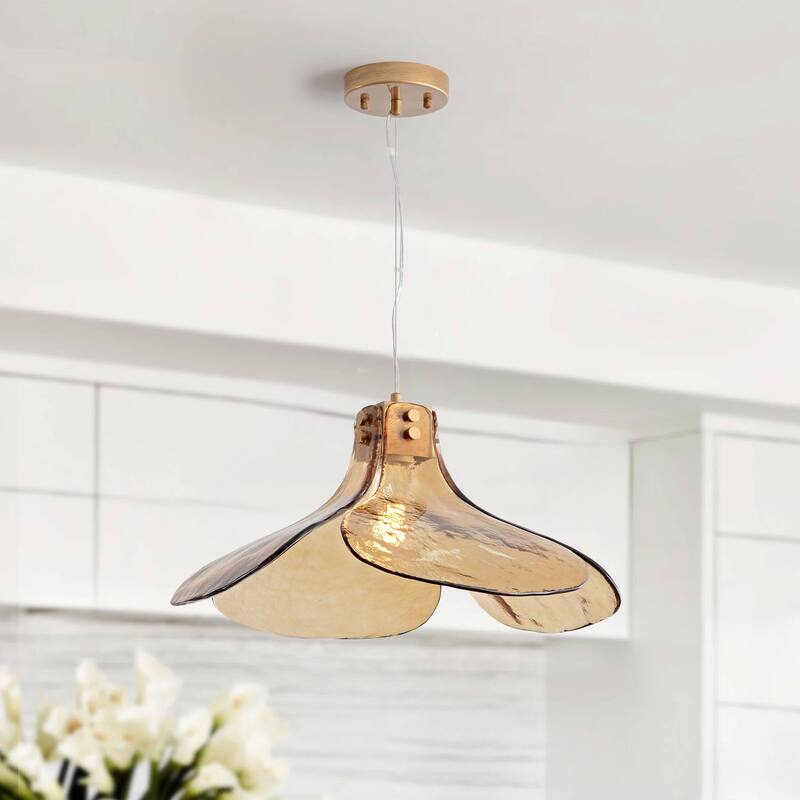 Mavis Single Light Four-leaf Amber Glass Pendant Light Chandelier - Brushed Brass