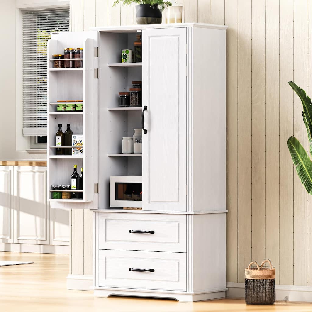 71"Kitchen Pantry Cabinet with 2 Drawers,Embossed Texture Freestanding Cabinet with 8 Door Shelves and 3 Cabinet Shelves