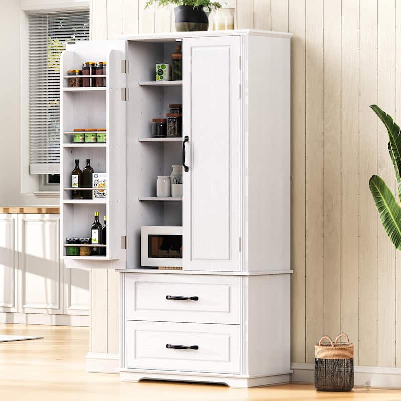 Large Kitchen Pantry Cabinet with 2 Drawers, 71" Wood Freestanding Cupboard Cabinet with 8 Door Shelves, 3 Cabinet Shelves - Ameican White Oak