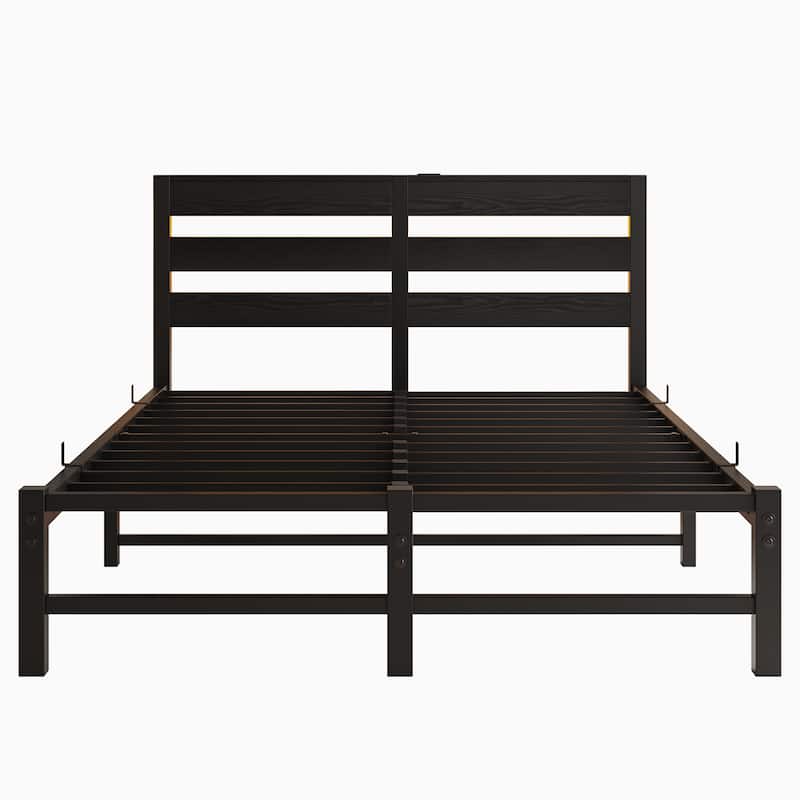 Full Size Metal Platform Bed with RGB Lights,Outlets and Charger