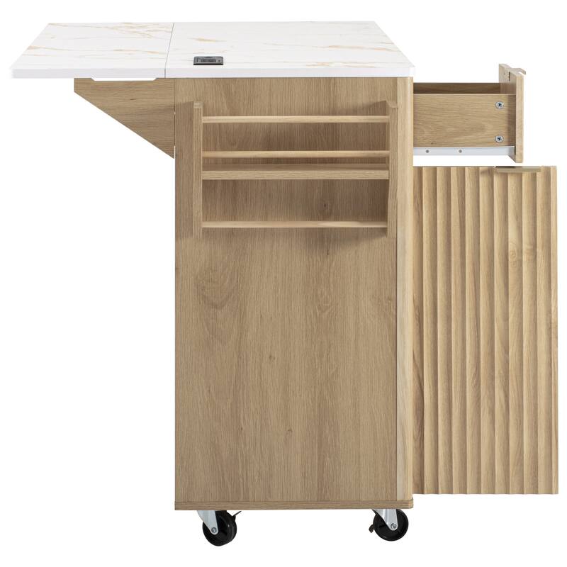 55.5" Fluted Storage Kitchen Island with Drop Leaf and Power Outlet and 3 Drawers