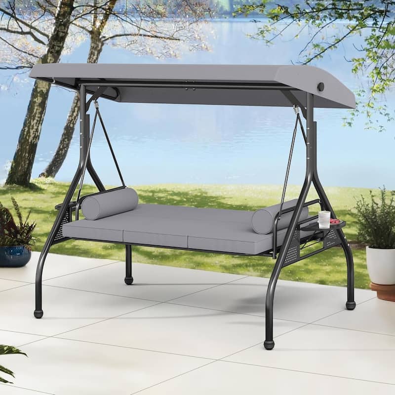 Outdoor Patio 3-Seat Porch Swing Cushioned Seat Bench Chair with Adjustable Tilt Canopy & Side Trays
